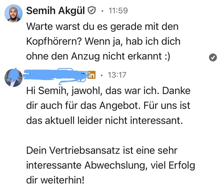 LinkedIn-Antwort eines Empfängers: „Dein Vertriebsansatz ist eine sehr interessante Abwechslung, viel Erfolg dir weiterhin!“